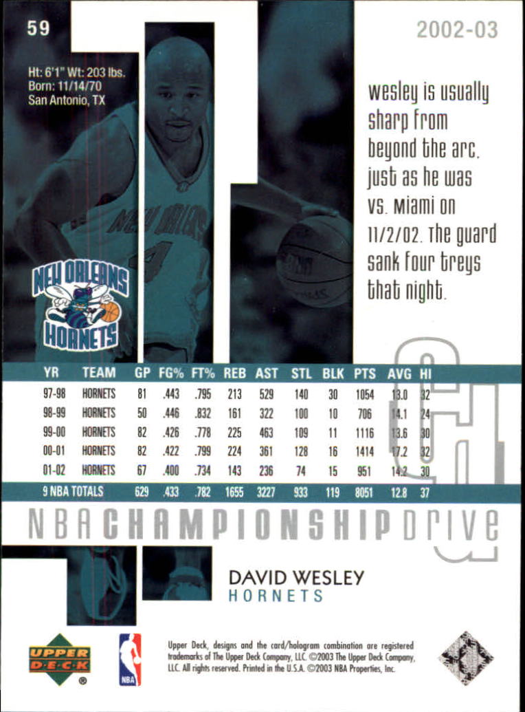 2002-03 Upper Deck Championship Drive #59 David Wesley back image