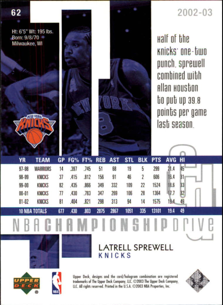 2002-03 Upper Deck Championship Drive #62 Latrell Sprewell back image