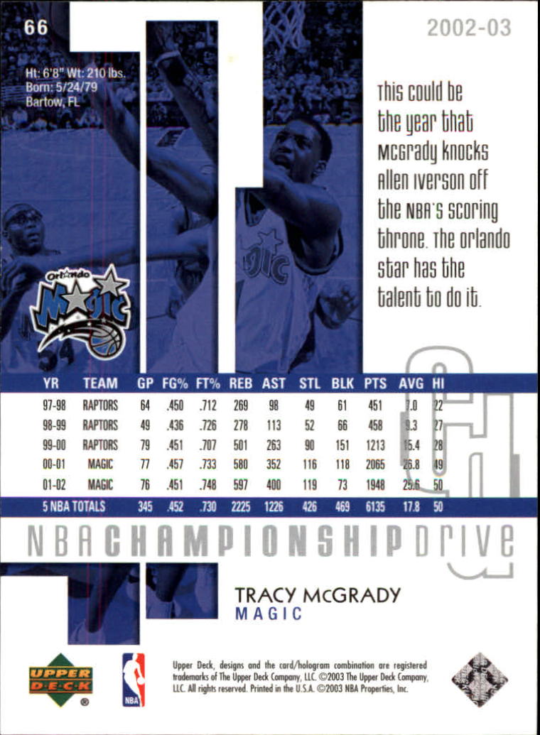 2002-03 Upper Deck Championship Drive #66 Tracy McGrady back image