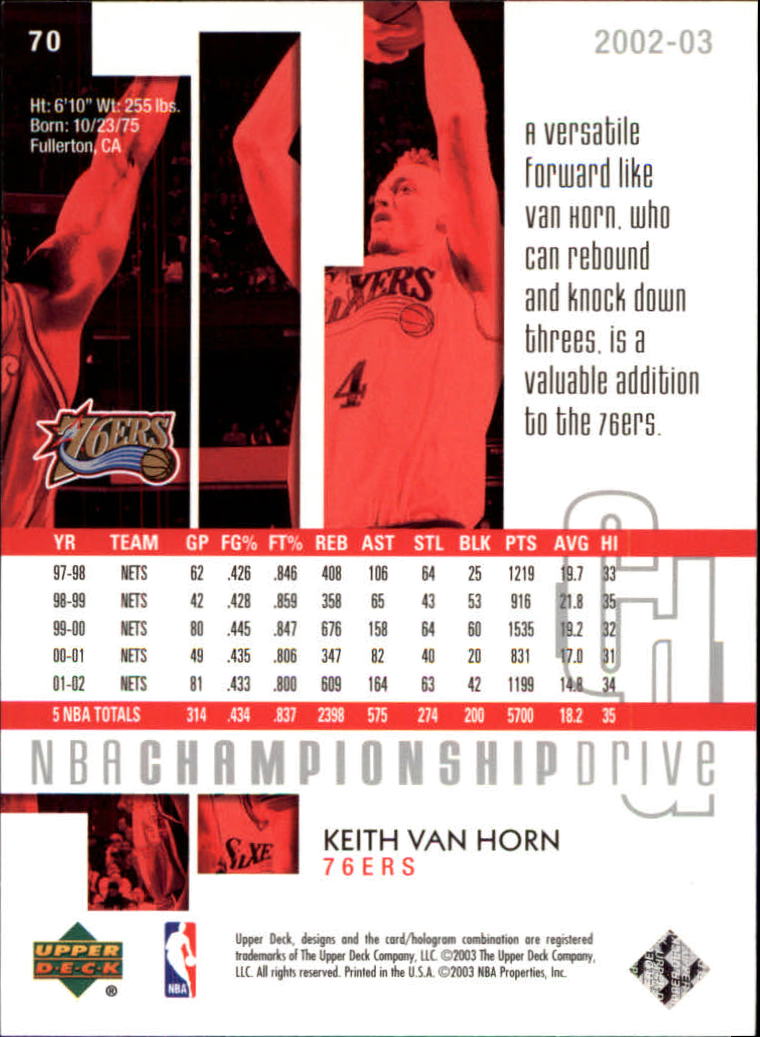 2002-03 Upper Deck Championship Drive #70 Keith Van Horn back image