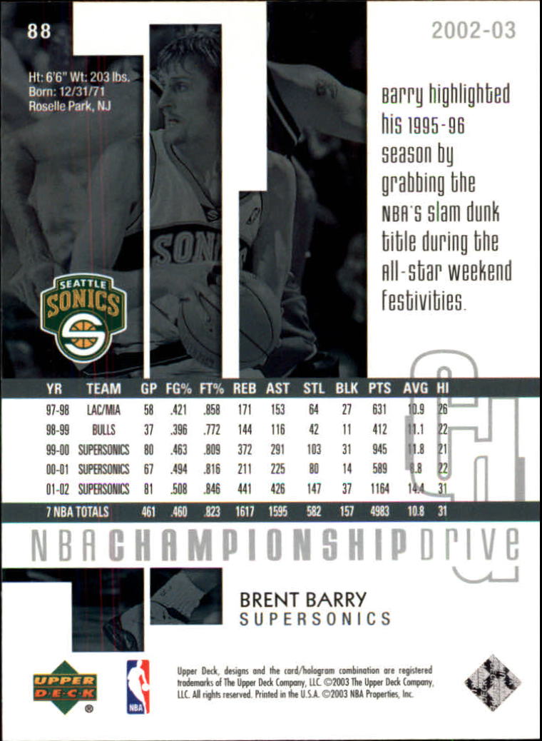 2002-03 Upper Deck Championship Drive #88 Brent Barry back image