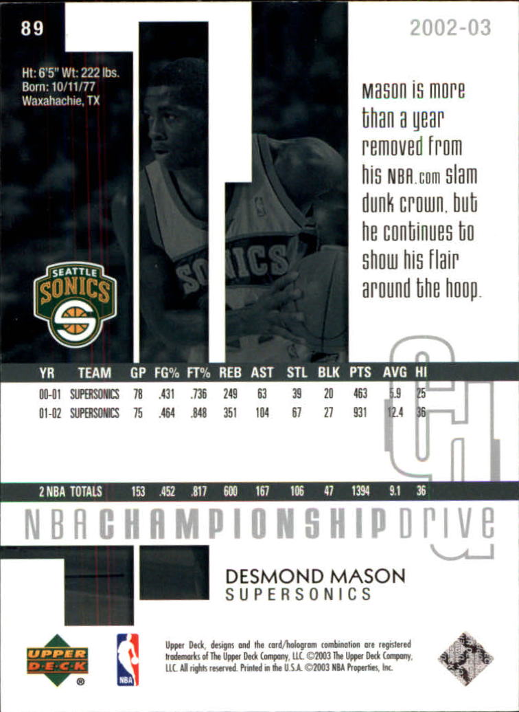 2002-03 Upper Deck Championship Drive #89 Desmond Mason back image
