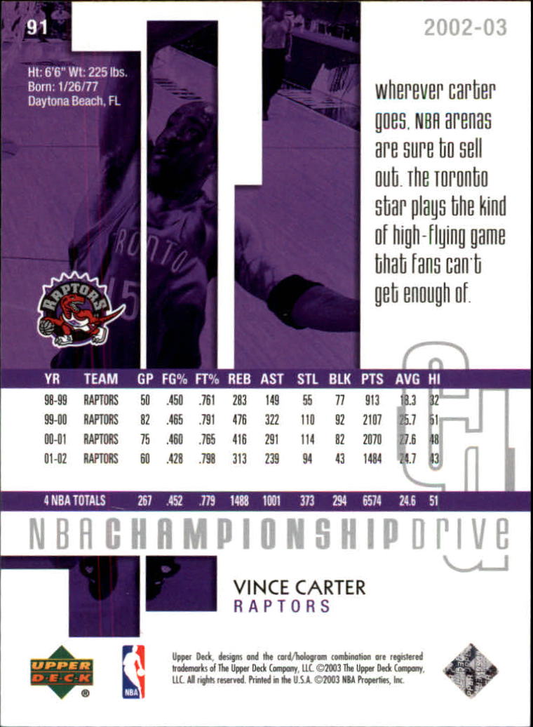 2002-03 Upper Deck Championship Drive #91 Vince Carter back image