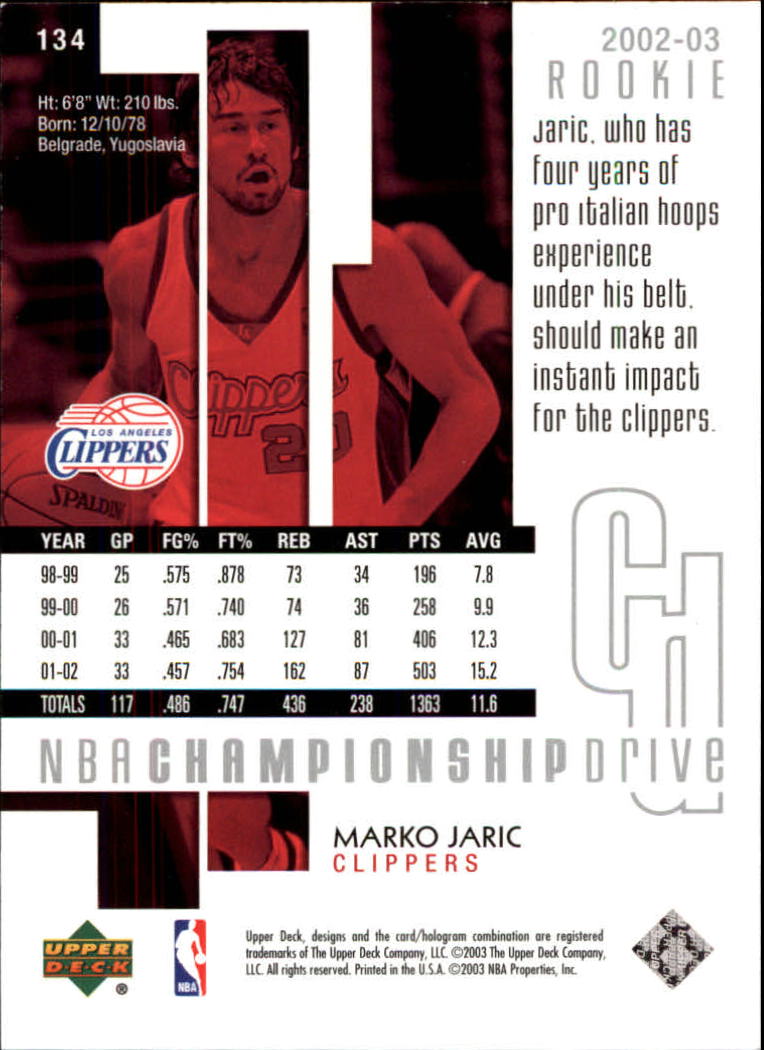 2002-03 Upper Deck Championship Drive #134 Marko Jaric back image