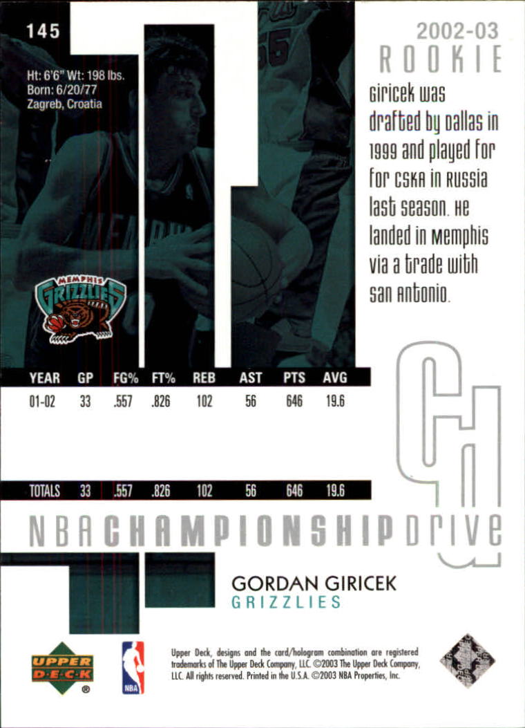 2002-03 Upper Deck Championship Drive #145 Gordan Giricek RC back image