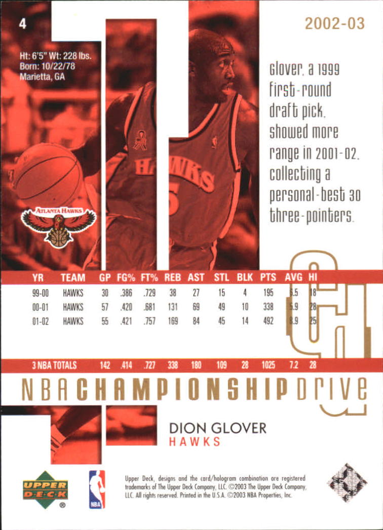 2002-03 Upper Deck Championship Drive Parallel #4 Dion Glover back image