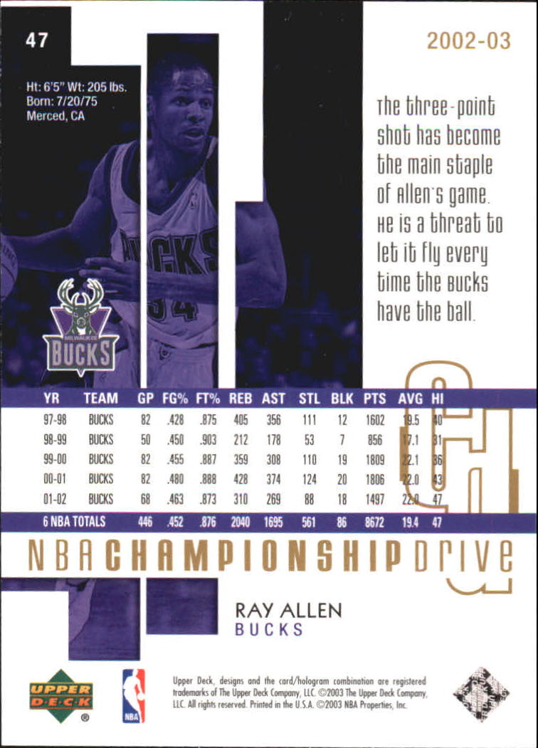 2002-03 Upper Deck Championship Drive Parallel #47 Ray Allen back image