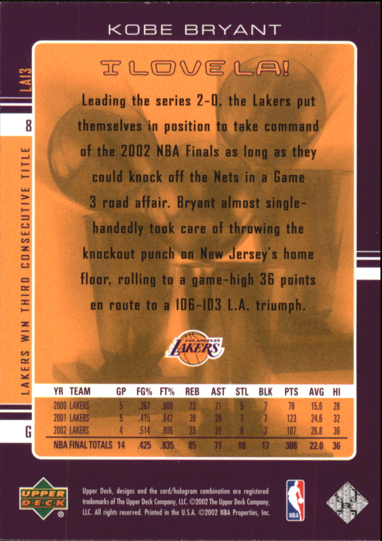 2002-03 Upper Deck I Love L.A. #LA13 Kobe Bryant back image