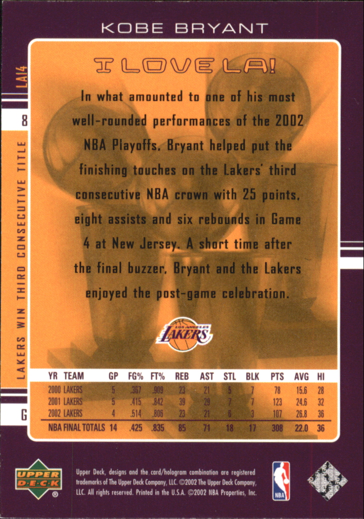 2002-03 Upper Deck I Love L.A. #LA14 Kobe Bryant back image