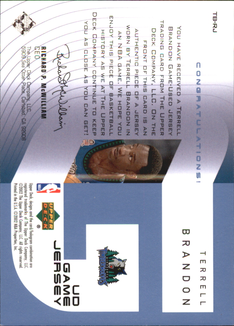 2002-03 Upper Deck UD Game Jerseys 1 #TBRJ Terrell Brandon R back image
