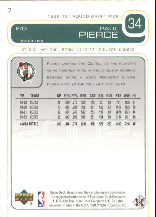 2002-03 Upper Deck #7 Paul Pierce back image
