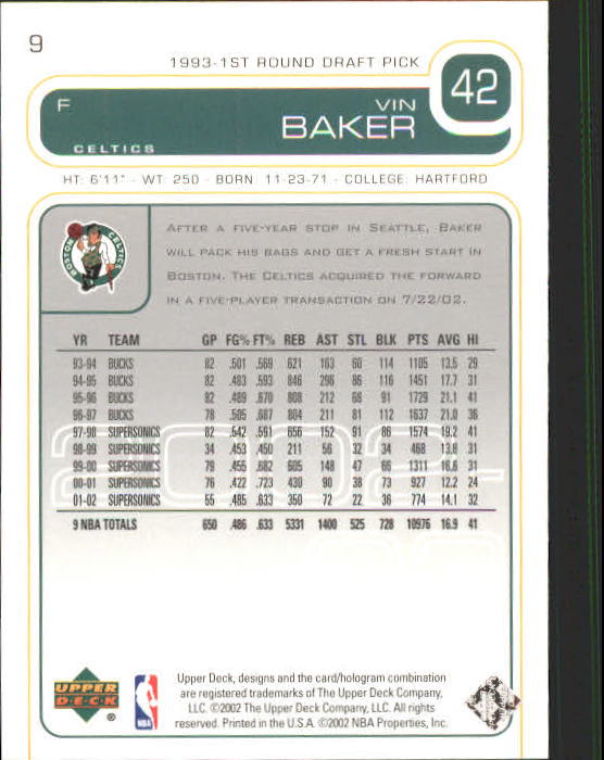 2002-03 Upper Deck #9 Vin Baker back image