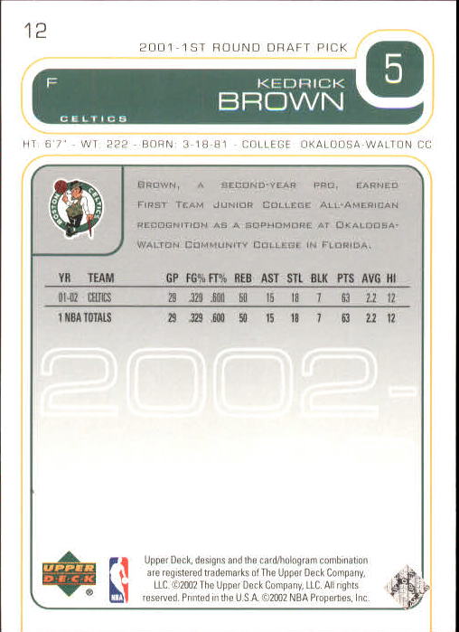 2002-03 Upper Deck #12 Kedrick Brown back image