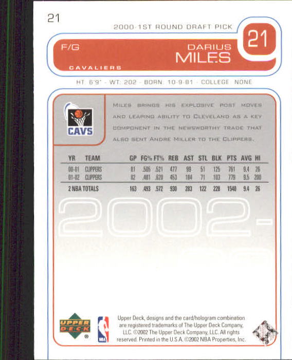 2002-03 Upper Deck #21 Darius Miles back image