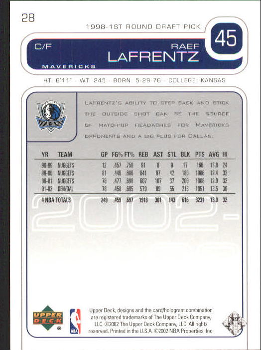 2002-03 Upper Deck #28 Raef LaFrentz back image