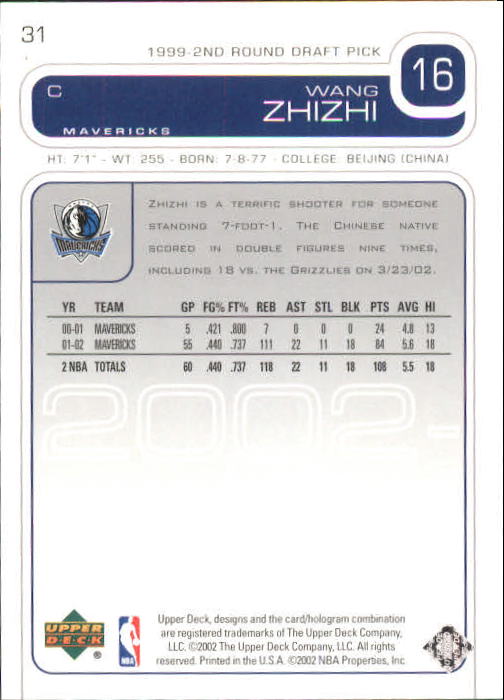 2002-03 Upper Deck #31 Wang Zhizhi back image