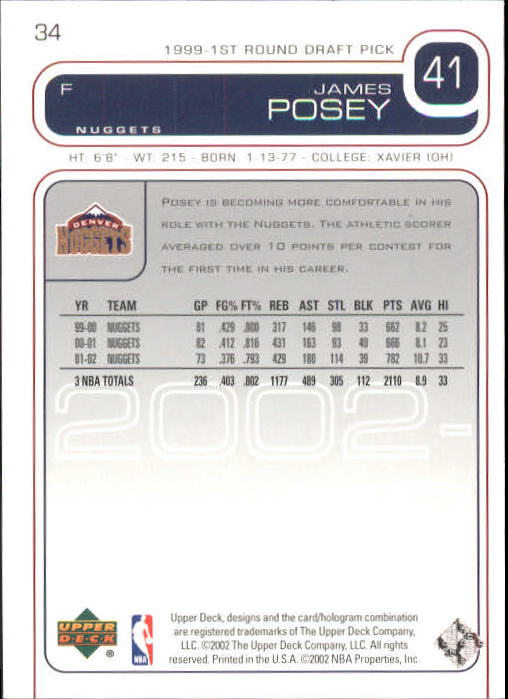 2002-03 Upper Deck #34 James Posey back image
