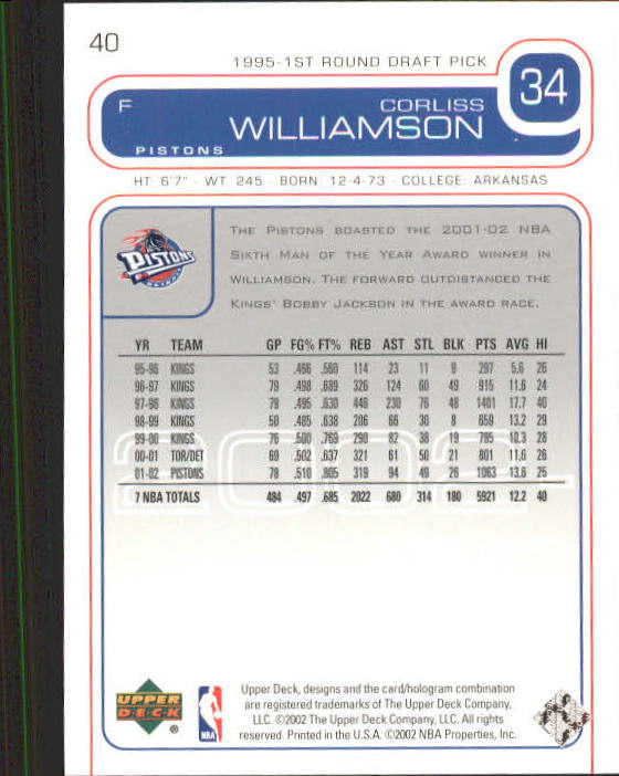 2002-03 Upper Deck #40 Corliss Williamson back image