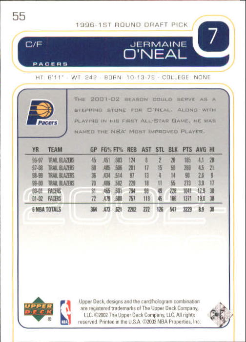 2002-03 Upper Deck Basketball #55 Jermaine O'Neal (BUY 10=FREE S/H) | eBay