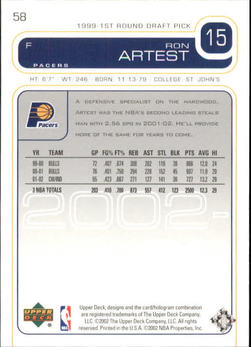 2002-03 Upper Deck #58 Ron Artest back image