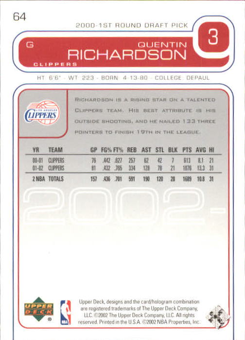 2002-03 Upper Deck #64 Quentin Richardson back image