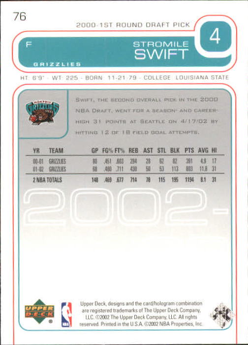 2002-03 Upper Deck #76 Stromile Swift back image