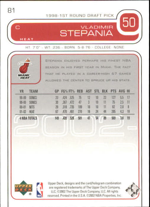2002-03 Upper Deck #81 Vladimir Stepania back image
