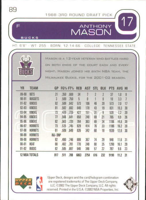2002-03 Upper Deck #89 Anthony Mason back image