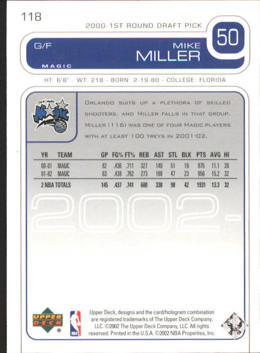 2002-03 Upper Deck #118 Mike Miller back image