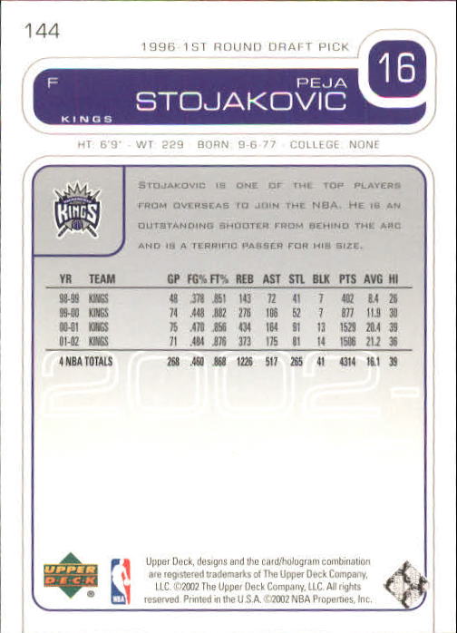 2002-03 Upper Deck #144 Peja Stojakovic back image