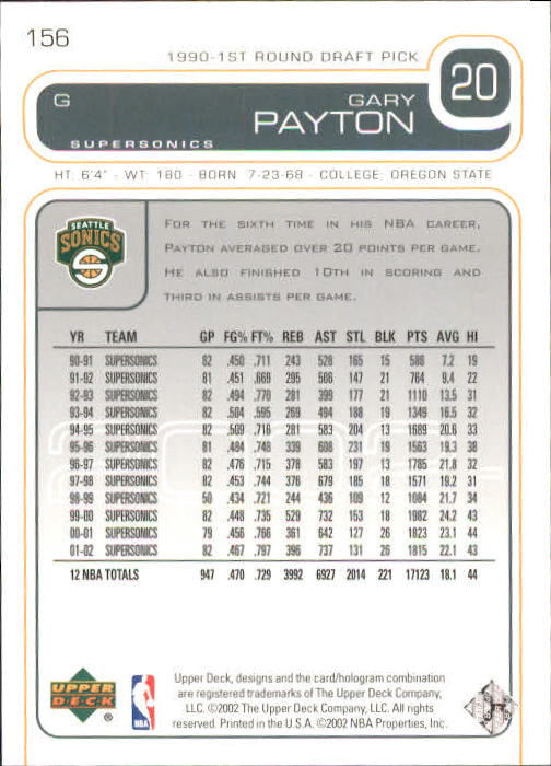 2002-03 Upper Deck #156 Gary Payton back image