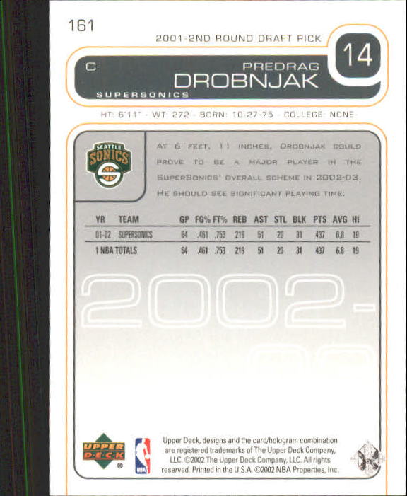 2002-03 Upper Deck #161 Predrag Drobnjak back image