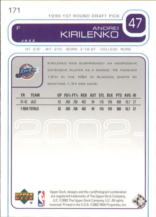 2002-03 Upper Deck #171 Andrei Kirilenko back image
