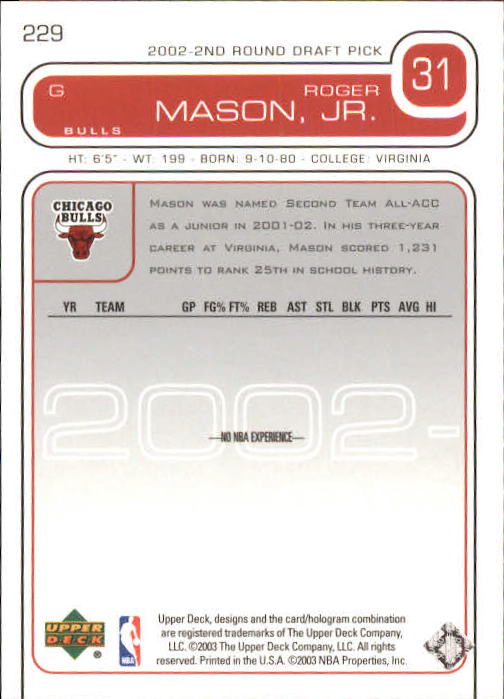2002-03 Upper Deck #229 Roger Mason back image