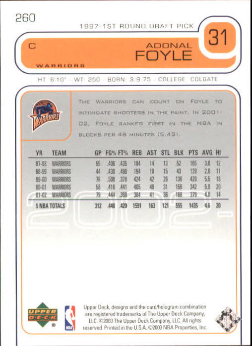 2002-03 Upper Deck #260 Adonal Foyle back image