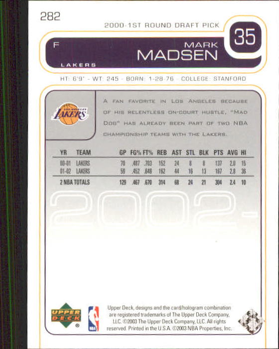 2002-03 Upper Deck #282 Mark Madsen back image