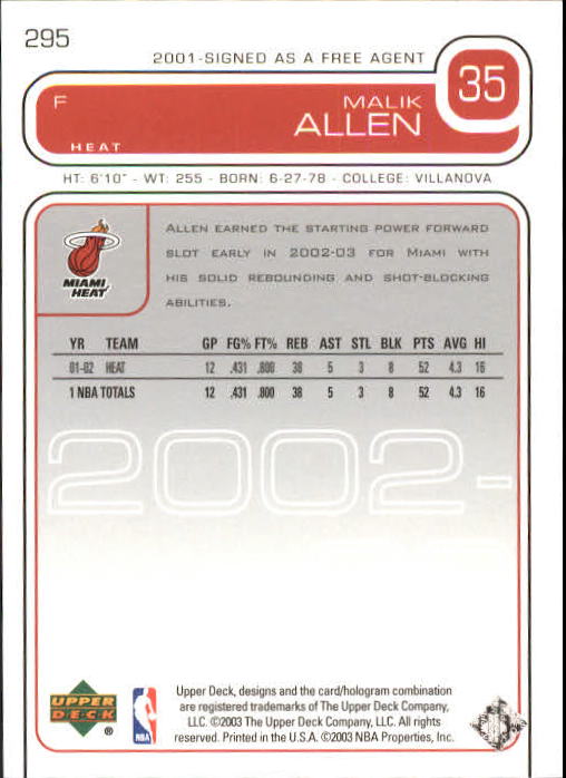 2002-03 Upper Deck #295 Malik Allen back image