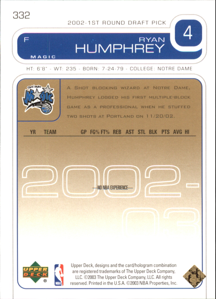 2002-03 Upper Deck Exclusives #332 Ryan Humphrey back image