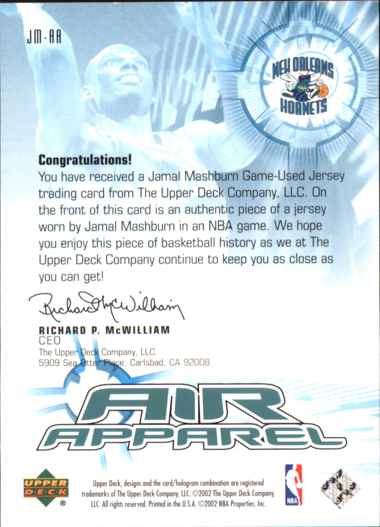 2002-03 Upper Deck Air Apparel #JMAA Jamal Mashburn back image
