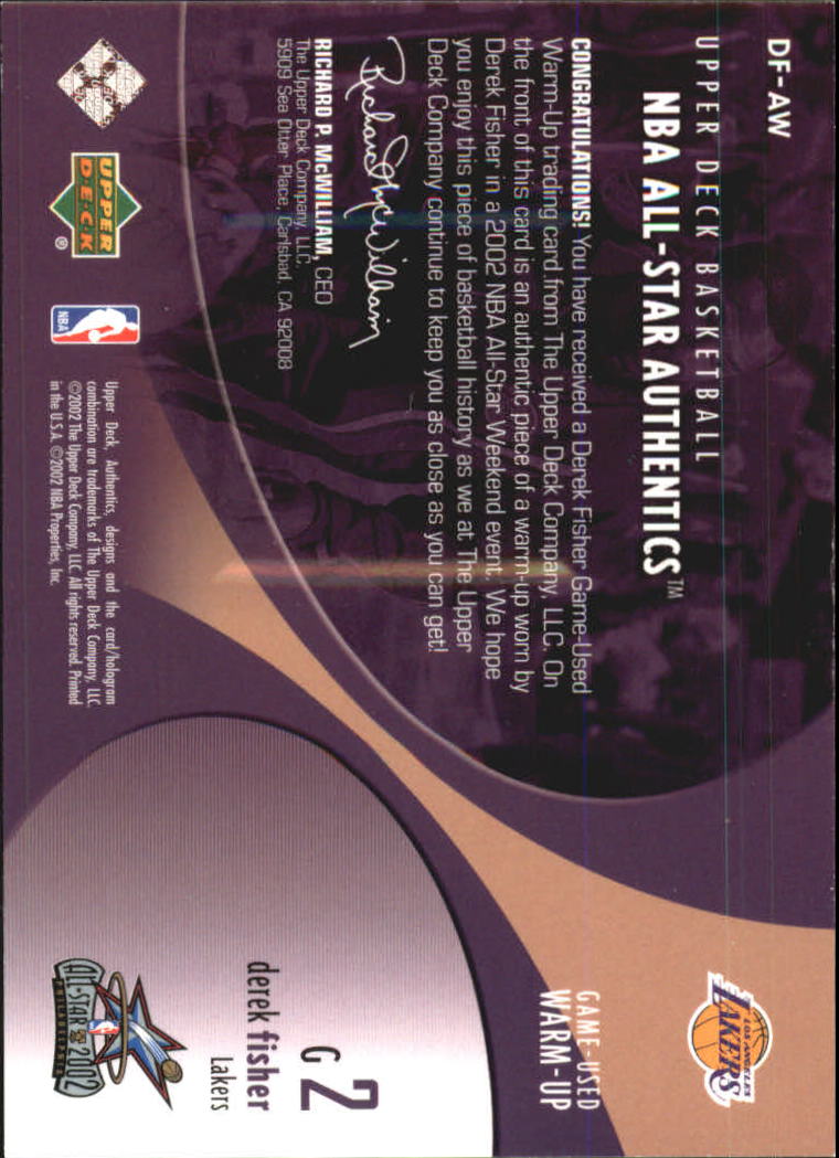2002-03 Upper Deck All-Star Authentics Warm-Ups #DFAW Derek Fisher back image