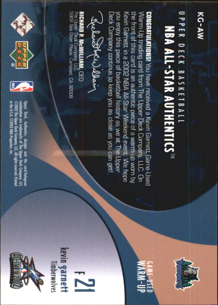 2002-03 Upper Deck All-Star Authentics Warm-Ups #KGAW Kevin Garnett back image