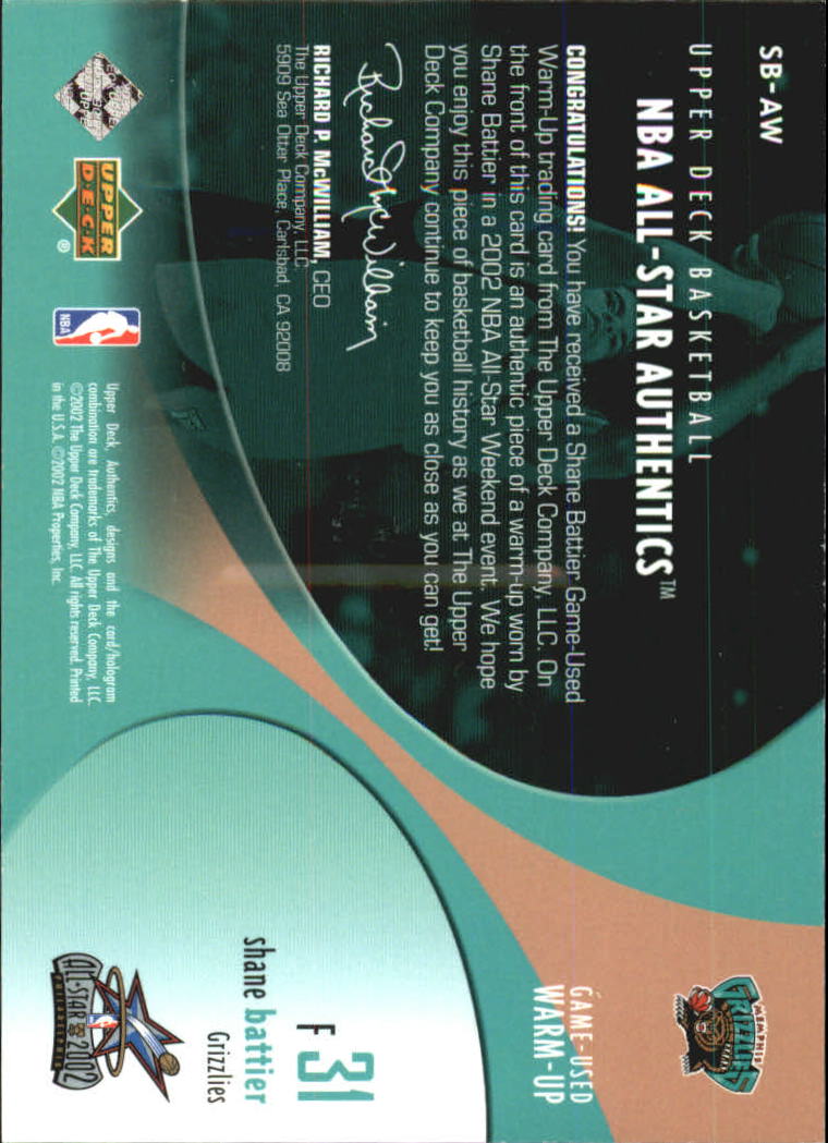 2002-03 Upper Deck All-Star Authentics Warm-Ups #SBAW Shane Battier back image