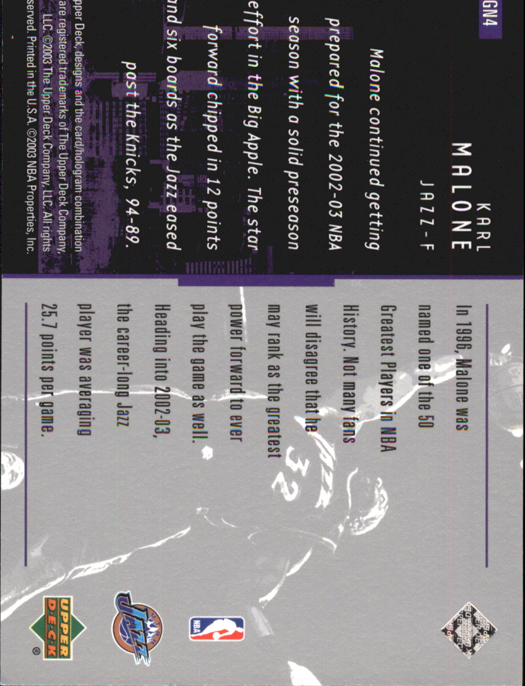2002-03 Upper Deck Game Night #GN4 Karl Malone back image