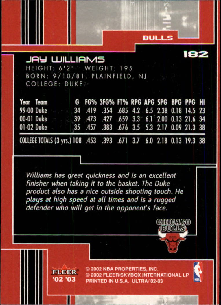 2002-03 Ultra #182 Jay Williams RC back image