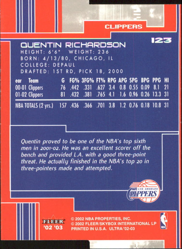 2002-03 Ultra Gold Medallion #123 Quentin Richardson back image
