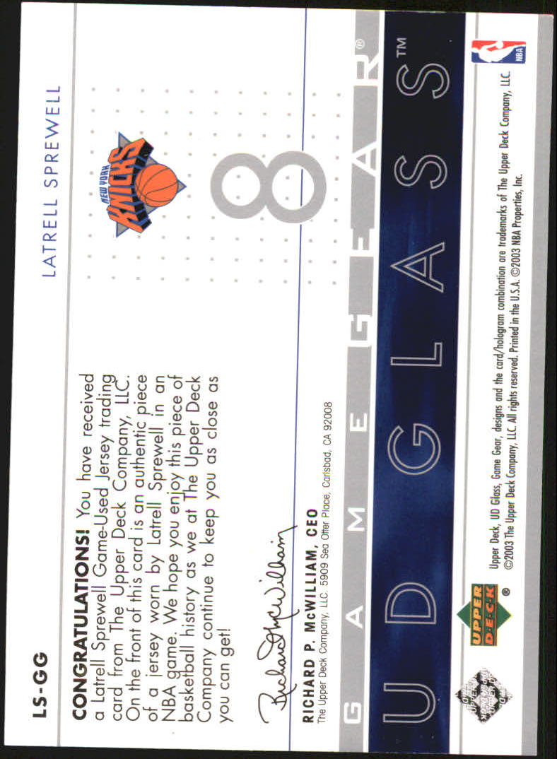 2002-03 UD Glass Game Gear #LSGG Latrell Sprewell back image