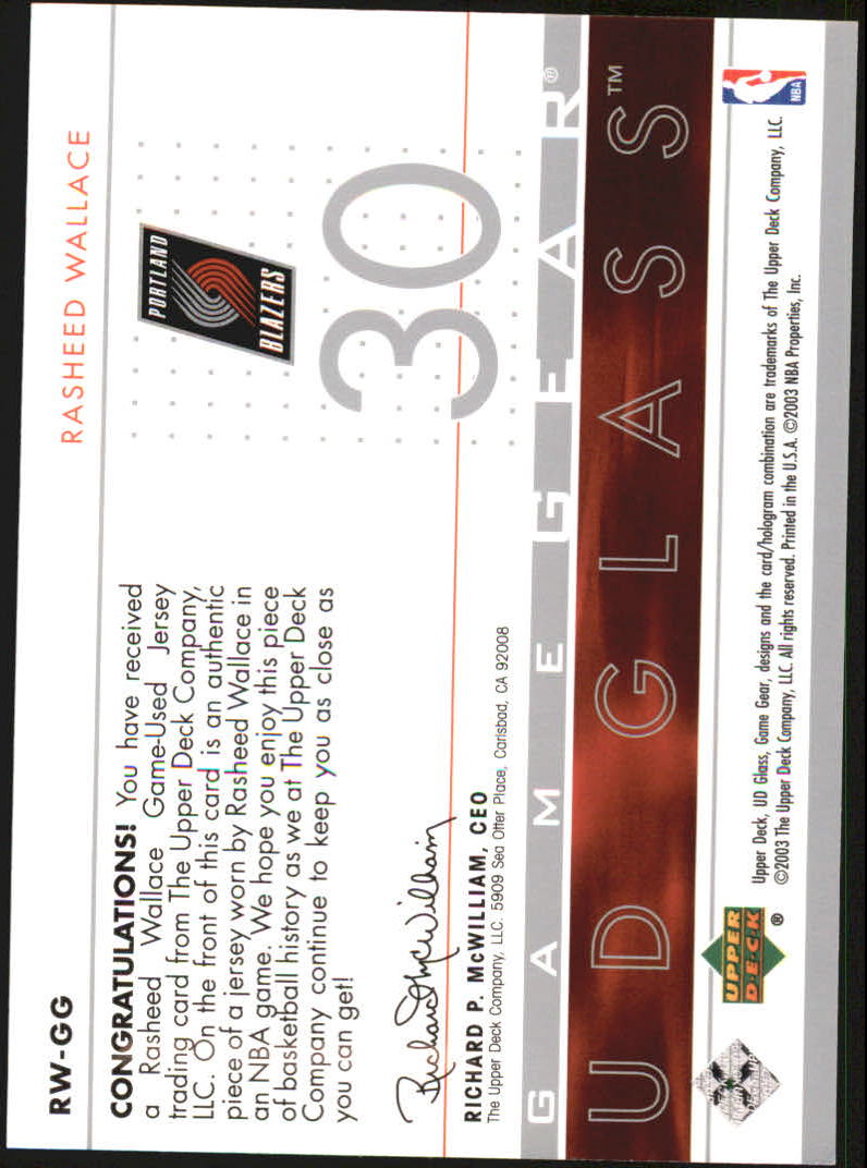 2002-03 UD Glass Game Gear #RWGG Rasheed Wallace back image