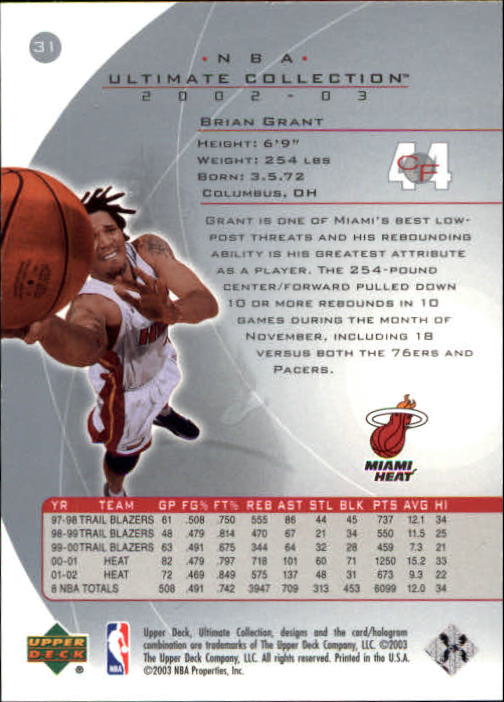 2002-03 Ultimate Collection #31 Brian Grant back image
