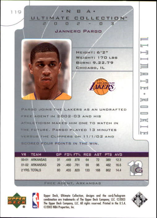 2002-03 Ultimate Collection #119 Jannero Pargo RC back image