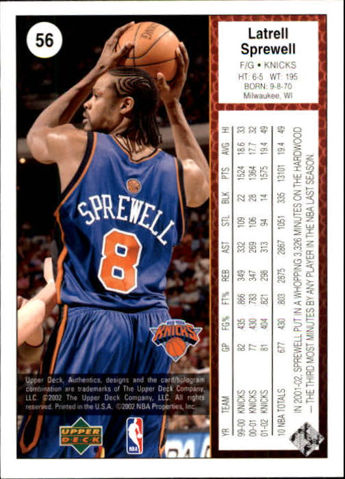 2002-03 UD Authentics #56 Latrell Sprewell back image